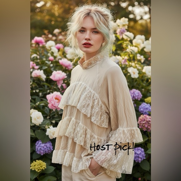 POL Sweaters - POL Cream Ruffled Tiered Blouse with Mandarin Collar